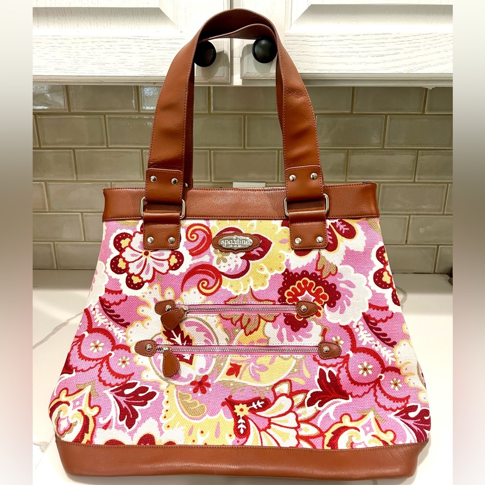 SPARTINA 449 Daufuskie Island Handbag Linen & Leather Floral Print.